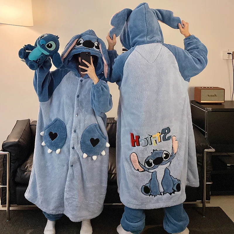 Anime ponto 2 pçs pijamas de pelúcia conjunto robe mulher inverno quente coral veludo homewear terno disney dos desenhos animados com capuz engrossar roupas de noite