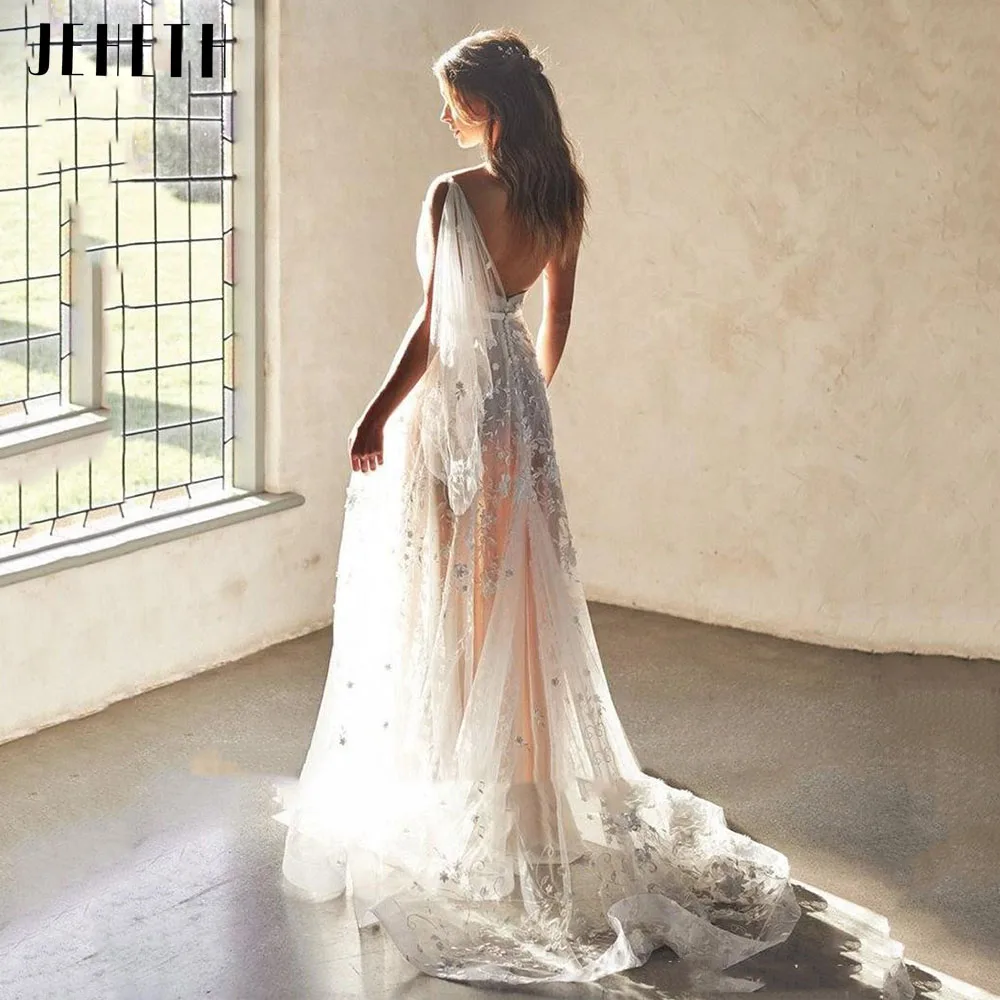 JEHETH 1 Gợi Cảm Vai Bên Chia Voan Áo Váy Hở Lưng Chữ A Phối Ren Appliqued Boho Cô Dâu Đồ Bầu Vestidos De Novia 2022