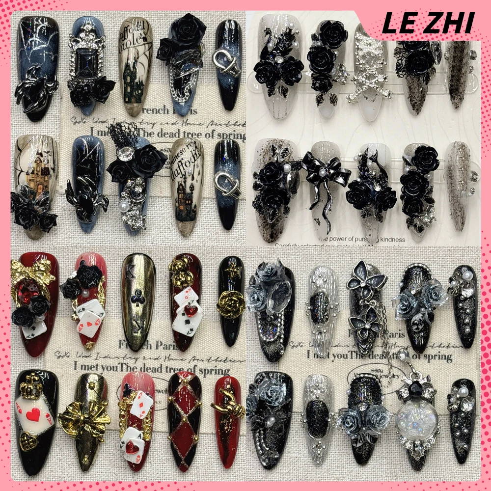 

Spice Girl Long Stiletto Coffin Handmade Press On Nails Flowers Bowknot Spider Butterfly Pearl Chain Wearable Full Cover Nails
