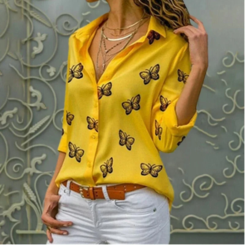 

Women Casual Long Sleeve Lapel Butterfly Print Loose Blouse Elegant Harajuku Office Lady Short Shirts Oversized Basic Tops