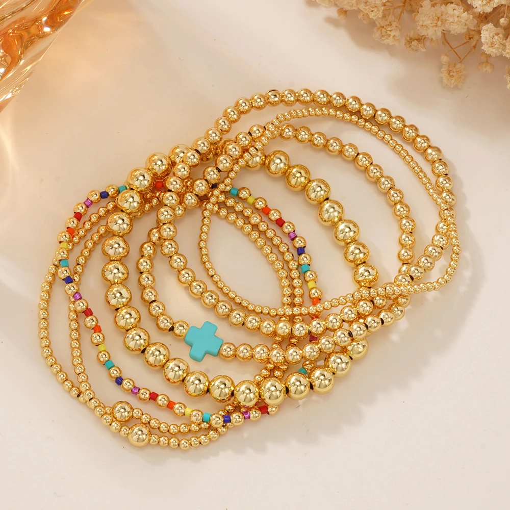 

3pcs Gold Beaded Bracelets Set Minimalist Stretch Jewelry Fashion Stackable Accessories Women’s Gift for Thanksgiving Christmas