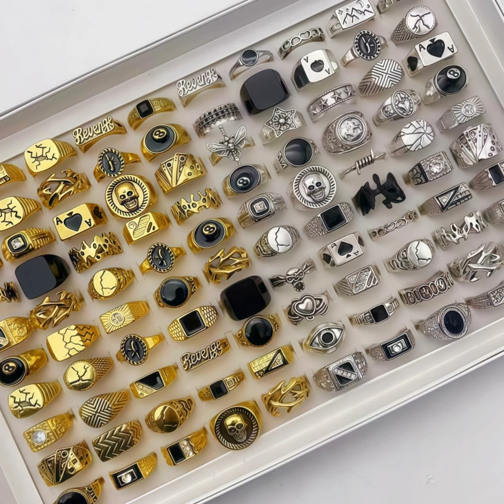 10/20/30/40/50/100Pieces Vintage Punk Geometry Square Rings Set For Women Men Mix Style Retro Skull Eye Finger Jewelry Party