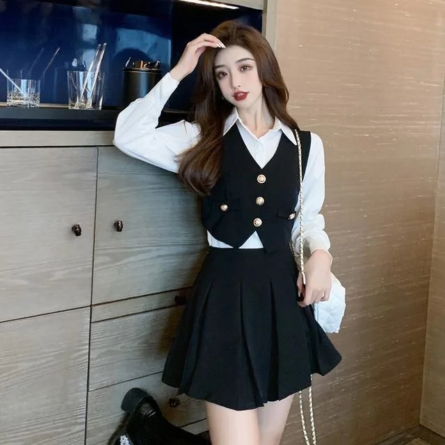 Vest Shirt Short Three Piece Women\'s Suit Half Set Small Royal Sister College Faldas Clothes for Women Skirts