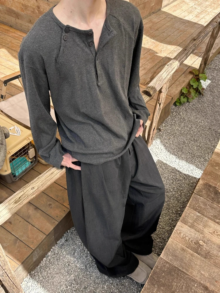 American Slouchy Henley Long Sleeve Tee Men Spring Fall Oversized Shirt Top Solid Gray Casual Base Layer Soft Lounge Tee