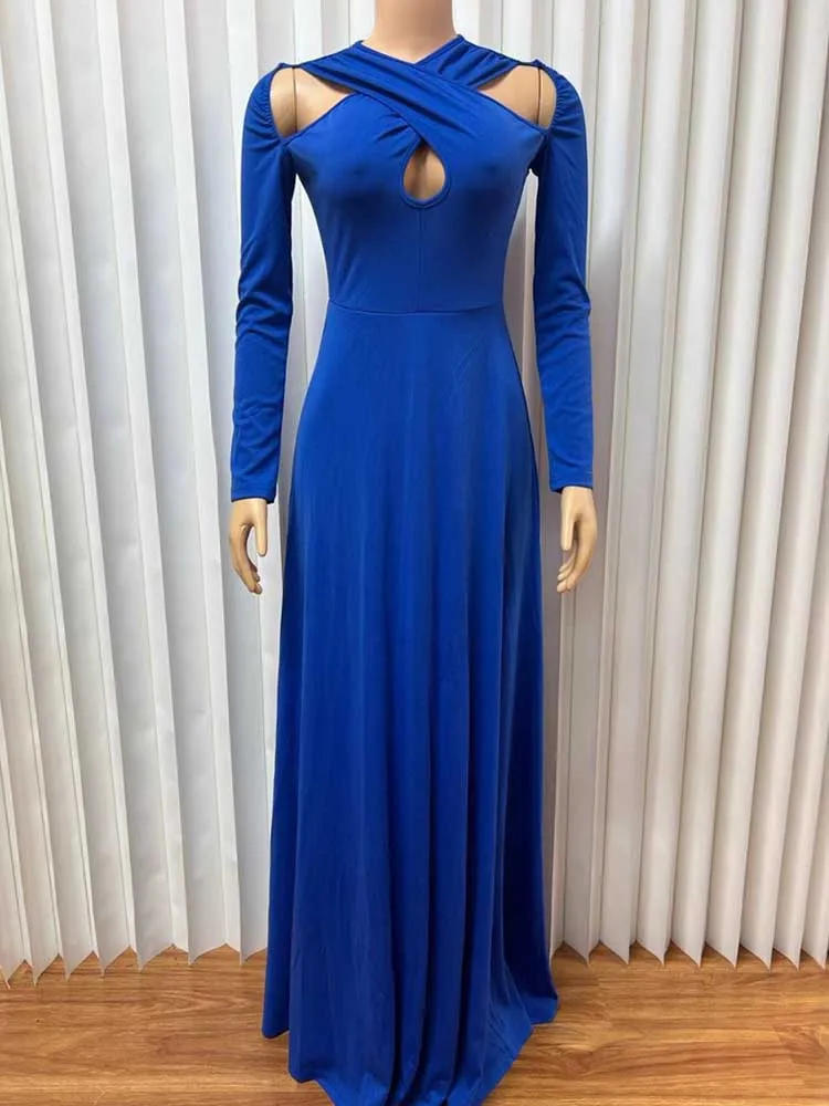 Elegant Autumn Party Dress for Women Solid Color Long Sleeve Maxi Evening Dress Cut Out Slimming Dress Wholesale Dropshipping