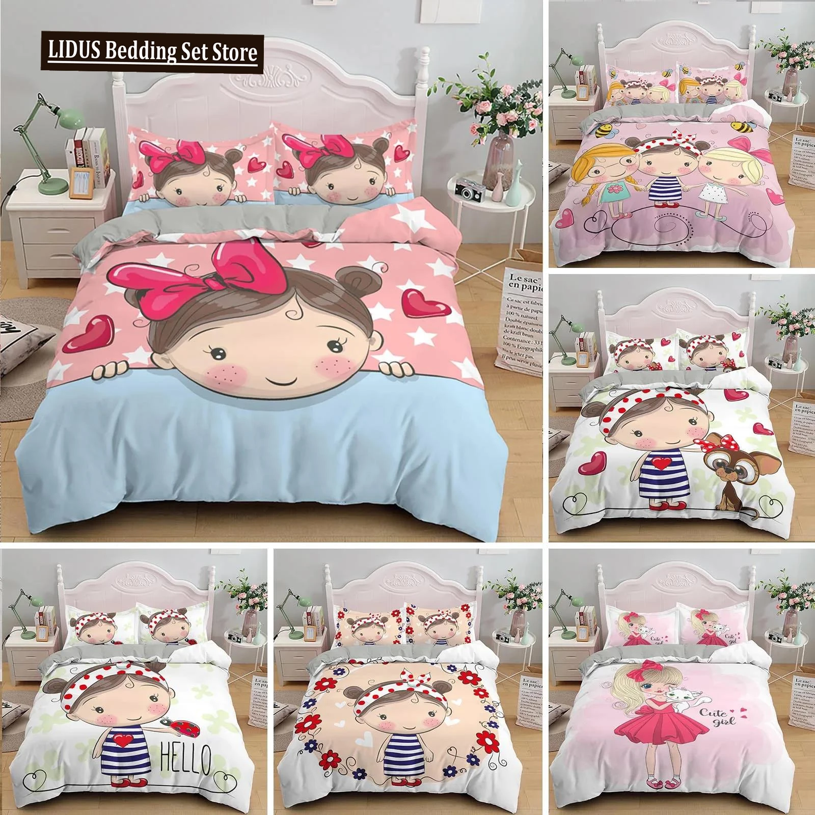 

Cartoon Lovely Girls King Queen Duvet Cover Cute Little Girl Pattern Bedding Set Kids Pink Pretty 2/3pcs Polyester Quilt Cover