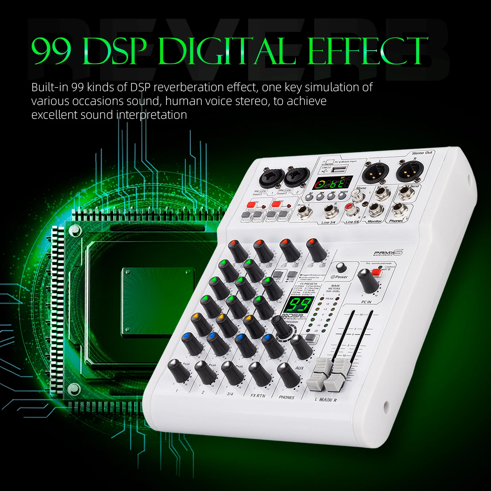 PRMX-6 Professional Audio Mixer, 48V Phantom Power with Bluetooth 5.0, 99 DSP Effects, for Bar DJs, Studios, Computer Recording