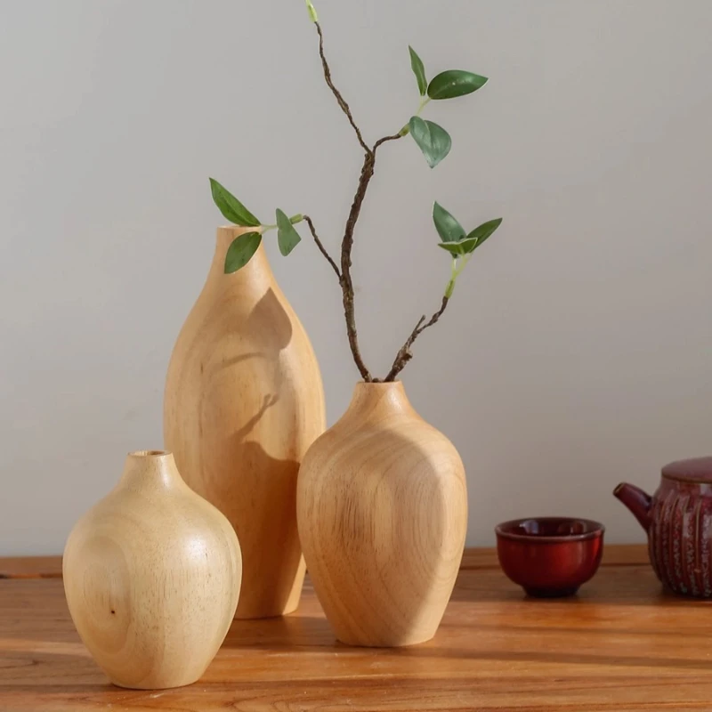 Japanese Style Wooden Vase Retro Dried Flower Arranger TV Cabinet Dining Table Decor Hotel Lacquer Display Elegant Floral Vessel