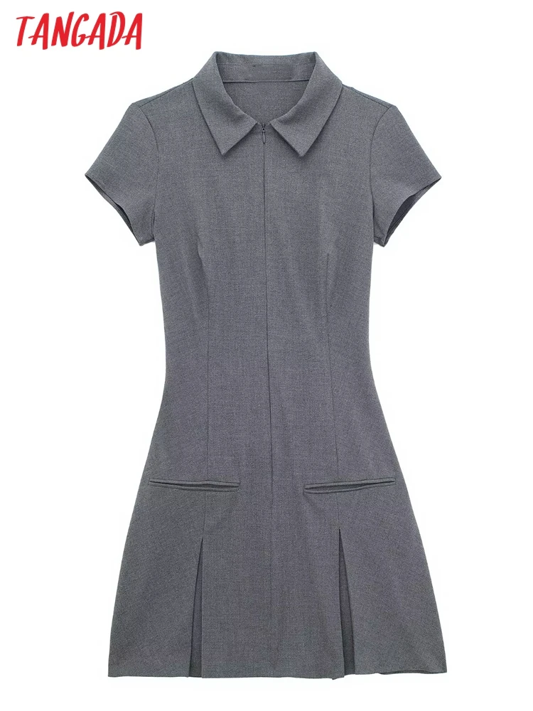 Tangada Women 2024 Gray Mini Dress Short Sleeve Female Zipper Pleated Mini Dresses 3H004