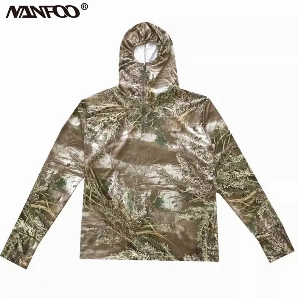 Ice Silk Breathable Fishing Hoodies For Men Summer Lightweight Quick-Dry Sunscreen Sports Top Shrub Camo Hunting Clothes