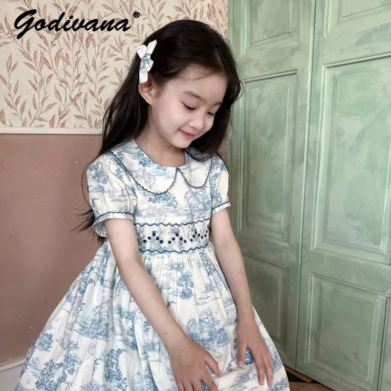 

Sweet Girls 2026 New Summer Cotton Vintage Dress Blue Print Handmade Embroidery Ruched Puff Short-sleeve Peter Pan Collar Dress