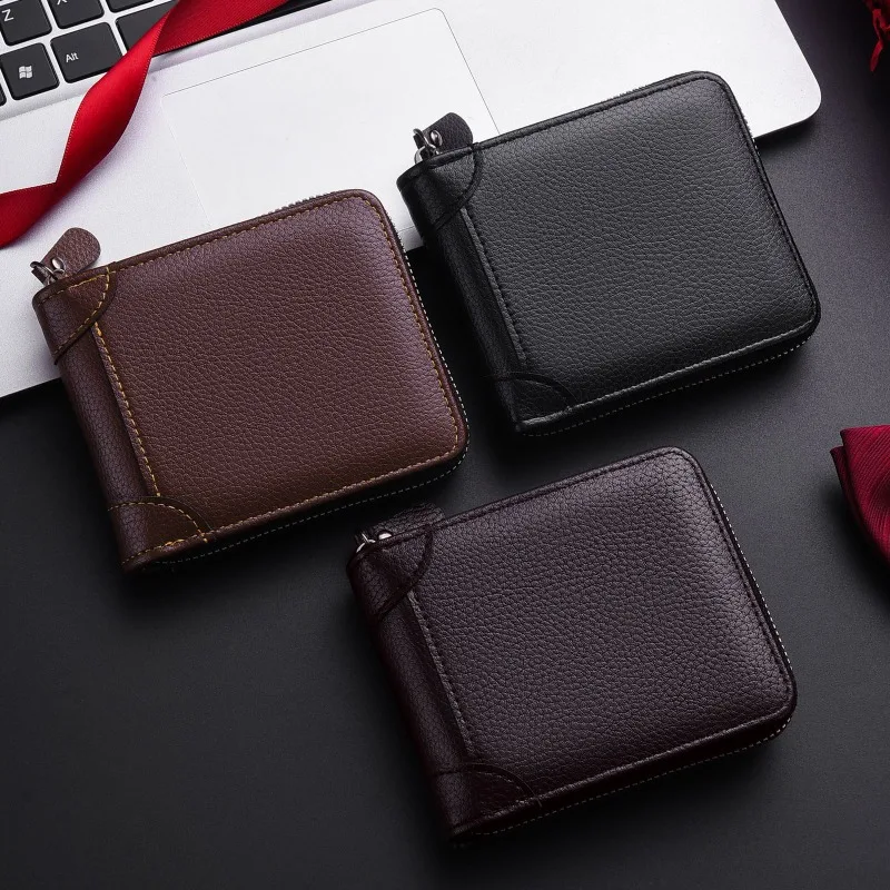 Mens Short Wallet Minimalist Business Billfold Driver License Card Holder Horizontal Multifunctional Zipper Coin Purse for Men