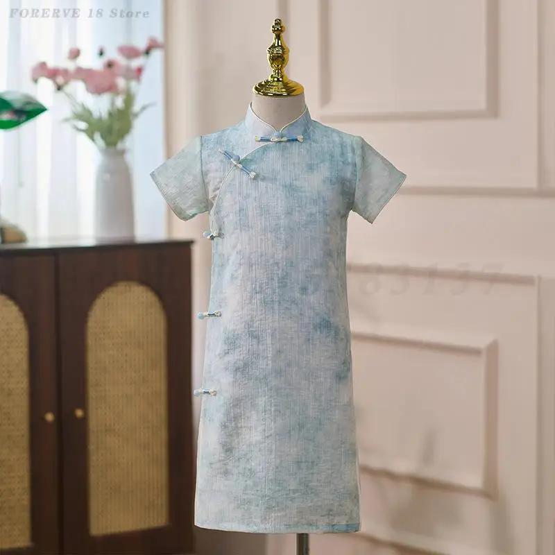 Girl's Blue Printed Chinese Style Dress Traditional Vintage Button Cheongsam Classic Oriental Qipao Children's Sweet Vestidos
