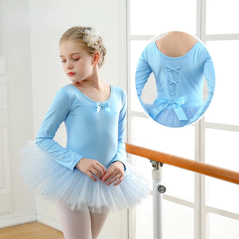 Girls Ballet Dance Tutu Dress Kids Short /Long Sleeves Tulle Bowknot Skate Gymnastics Christmas Birthday Party Leotard Dancewear