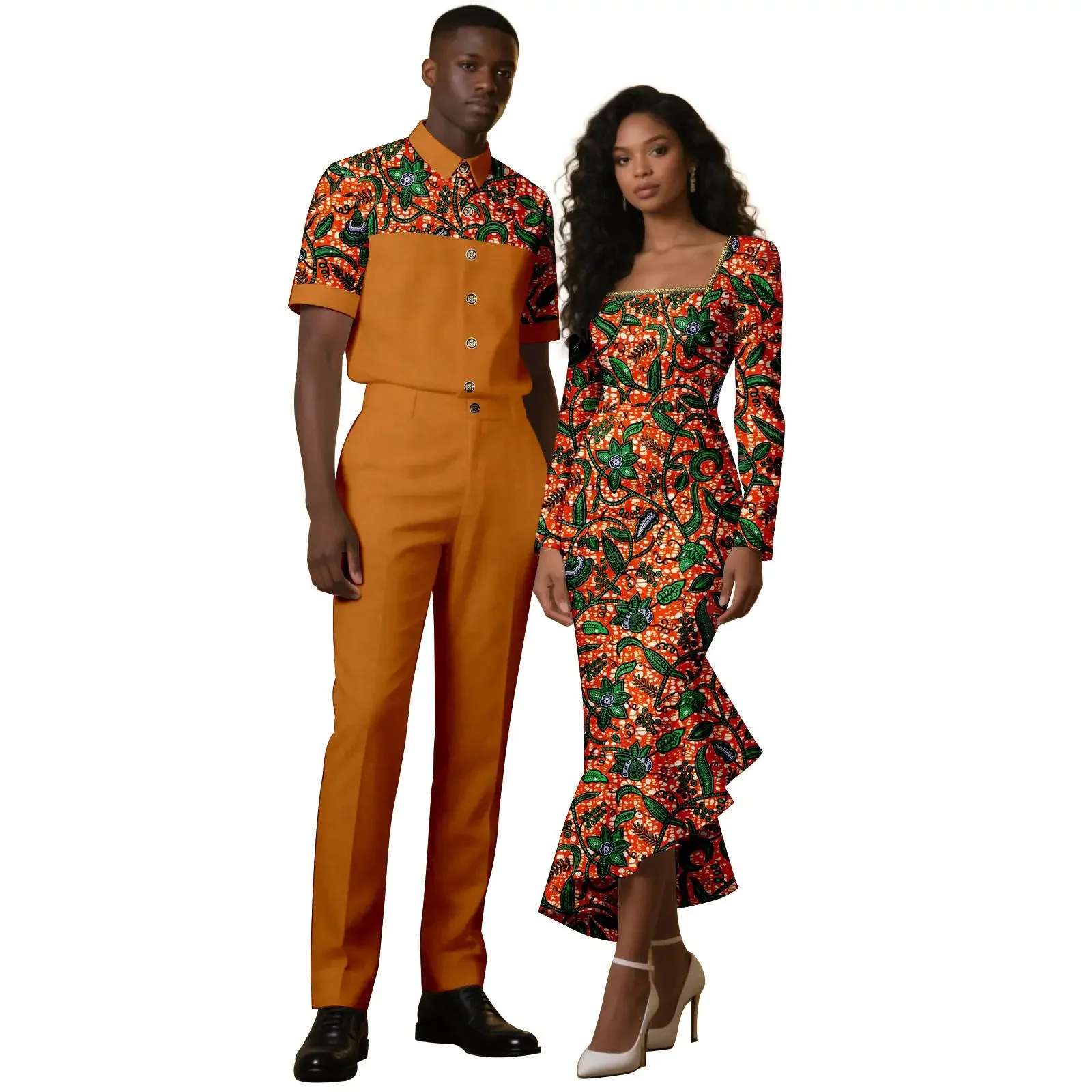 

Sale New African Print Long Mermaid Dresses for Women Match Men Outfits Dashiki Top and Pants Sets Bazin Riche Couples Clothes
