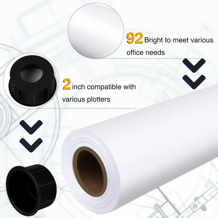 Wide Format Paper,4 Rolls Plotter Paper 36 In x 150 Ft, 20lb CAD Bond Rolls on 2 Core for CAD Printing on Wide Format Ink Jet Pr