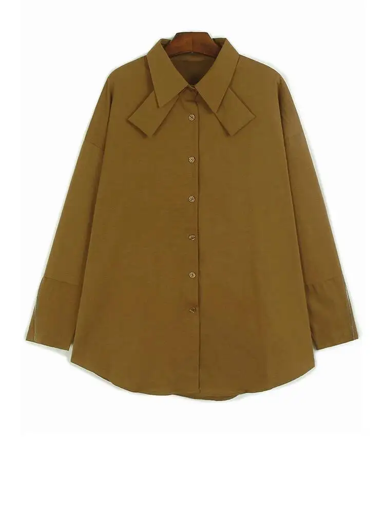 

Women Yellow Cuff Zipper Big Size Casual Blouse New Lapel Long Sleeve Shirt Fashion Tide Spring Autumn