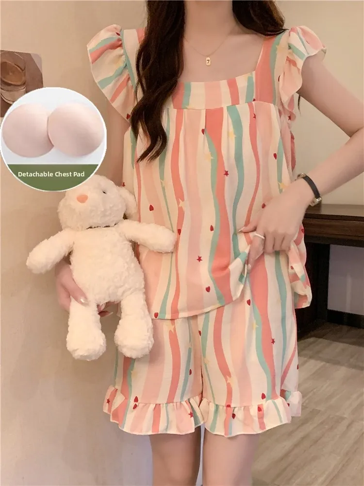 

Women's Summer Thin Sleepwear Set with Chest Pad Dopaamine Pink Stripes Home Clothes Short Sleeve Sleeveless Cartoon Style