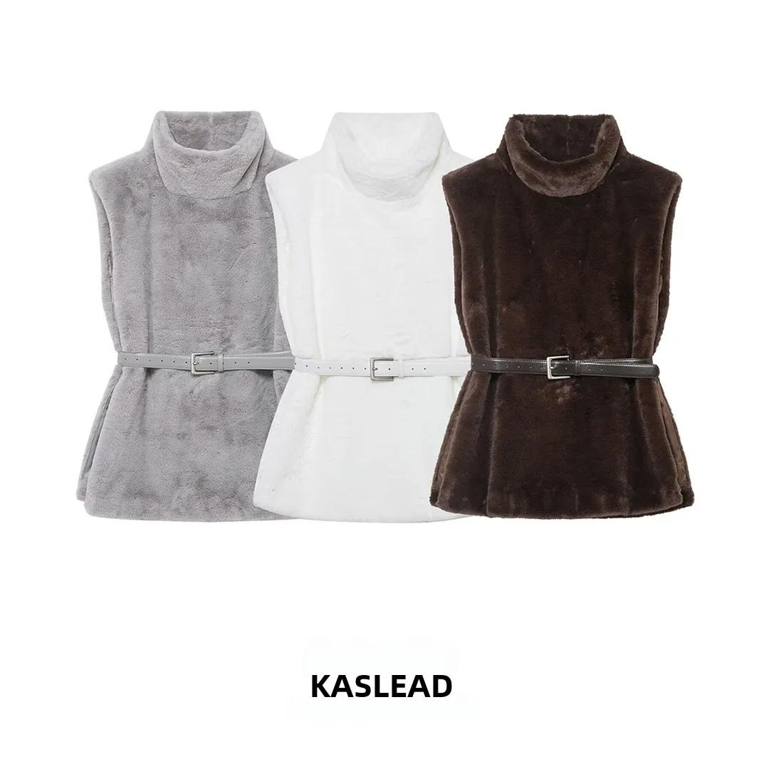 

KASLEAD New Women's Faion Simple Sli Fake Fur Vest Jaet with Belt Street Sle High Collar Polyester Fiber