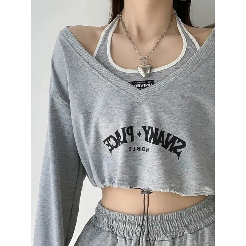 MEXZT Streetwear Crop Sweatshirts Women Harajuku Halter Camis Letter Print V Neck Pullover Y2K Two Piece Set Korean Hoodies Tops