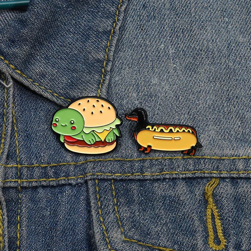 Cute Burger Turtle Enamel Pin Cartoon Dachshund Wiener Badger Sausage Dog Hotdog Food Brooch Lapel Badge Jewelry Gift For Friend