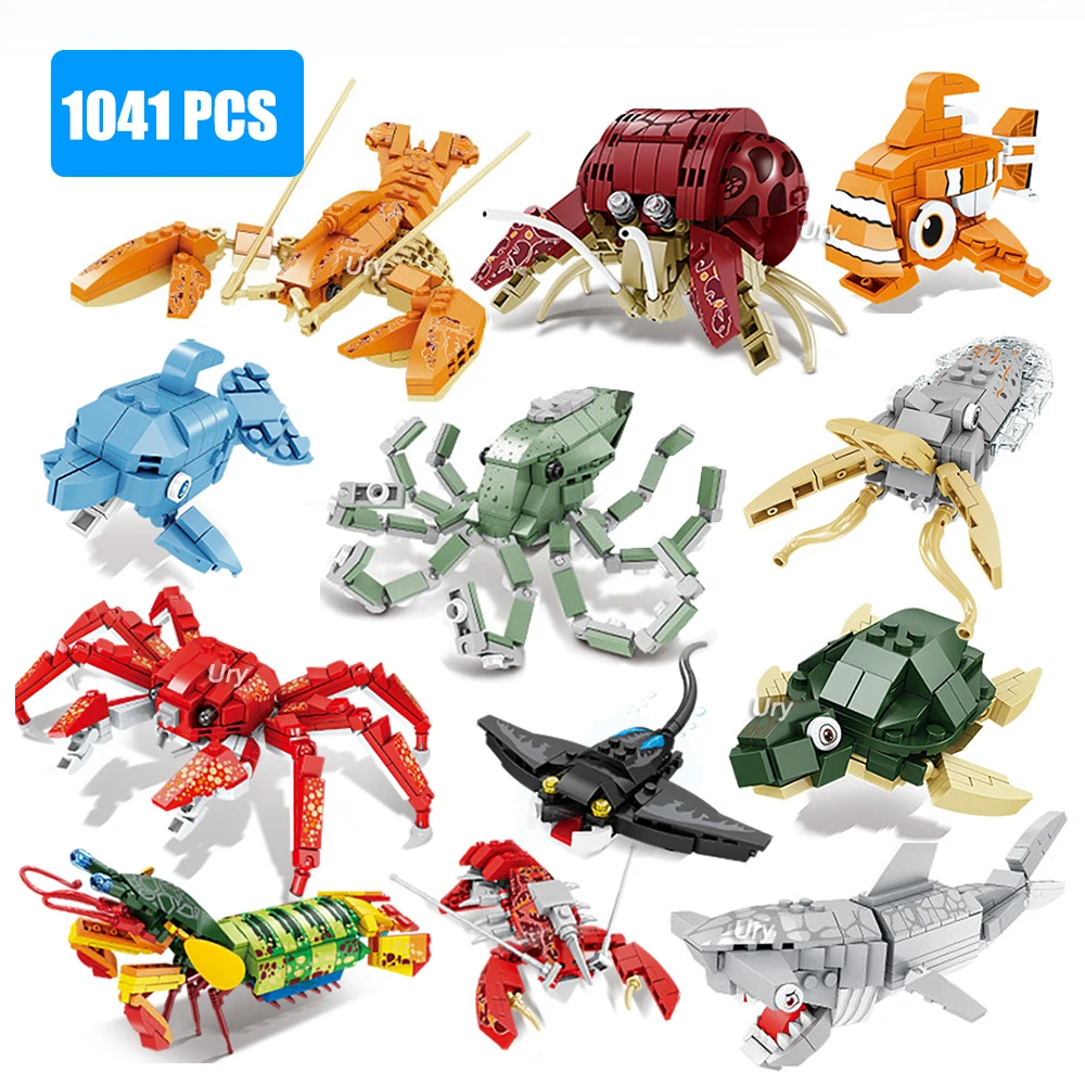 Moc Ocean Marine Fish Animals Lobster Octopus Squid Hermit Crab Model Set Building Blocks Diy Children Assemble Toy for Kid Gift