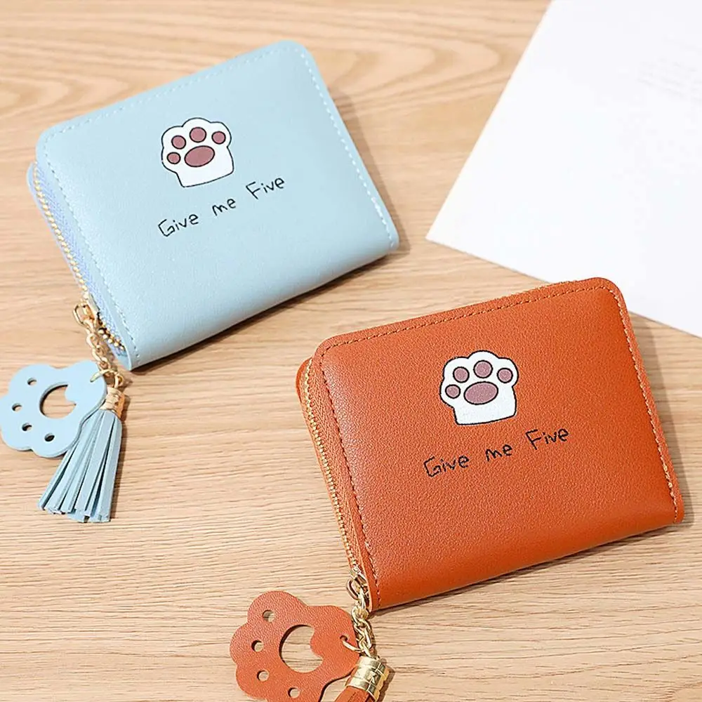 Elegant Mini Coin Purse Sweet Multifunctional Cat Claw Letter Tassel Purse Wallets For Women Casual PU Leather Zipper Money Bag