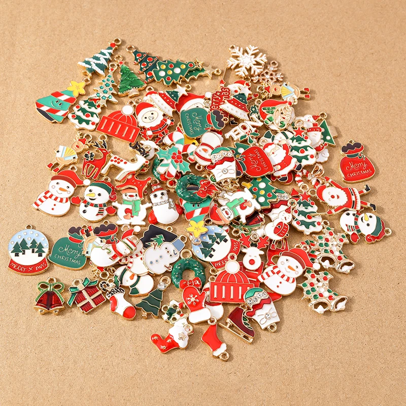 10/20/30 pcs Random Mix Enamel Christmas Snowman Santa Claus Charm Pendants for Jewelry Making DIY Earrings Necklace Accessories