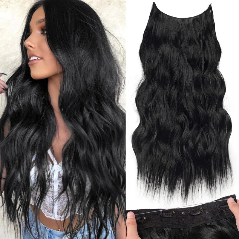 

Fish-line hairpiece for women, one-piece adjustable wig with water wave long curly , invisible thread hair extensions