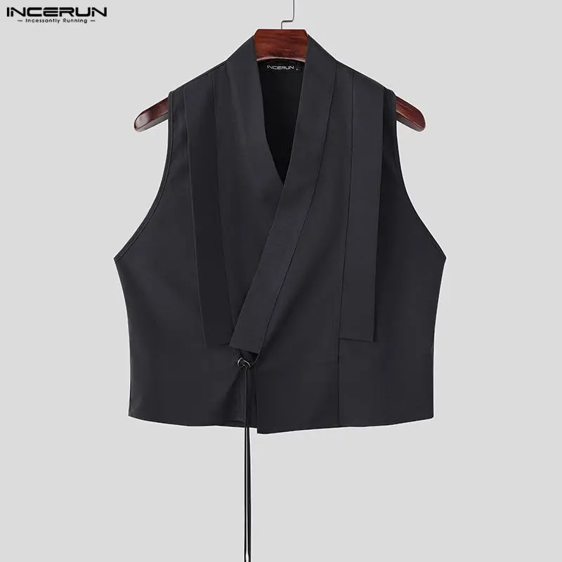 

INCERUN Men Vests Solid Color V Neck Sleeveless Casual Male Waistcoats Streetwear Lace Up Fashion Leisure Crop Vests Men S-3XL