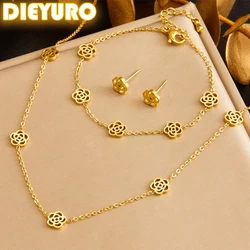 DIEYURO 316L Stainless Steel Golden Hollow Out Camellia Necklace Bracelet Suit For Womens New Flower TrendNon-fadingjewelry Set