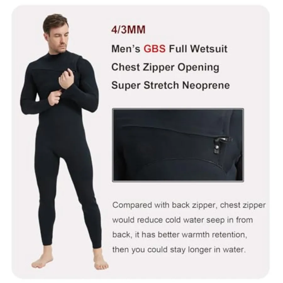 Mens Surfing Wetsuit for Cold Water Super Stretch Neoprene 4/3mm Black with Grey Accents Chest Zip Enhanced Flexibility and The