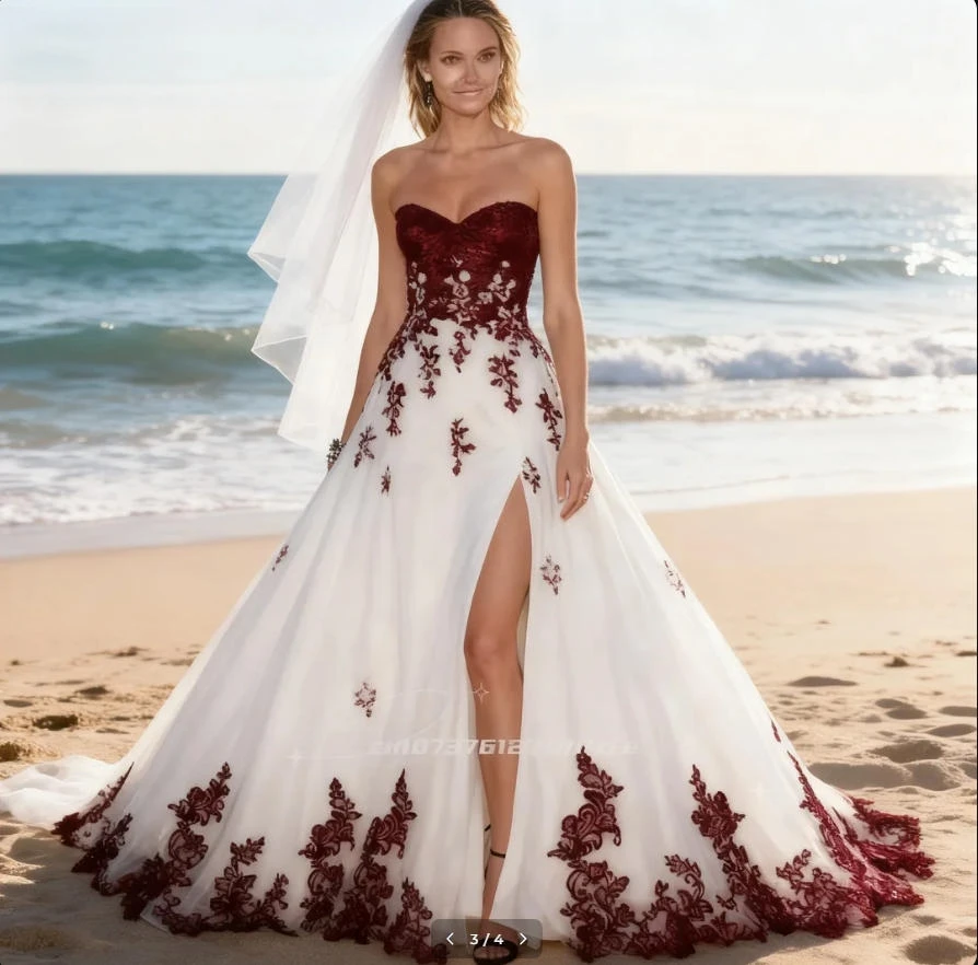 

Vintage Black And White Wedding Dress Side Slit Sexy Sweetheart A-Line Bridal Gowns Lace Appliques Customized Gothic Vestidos