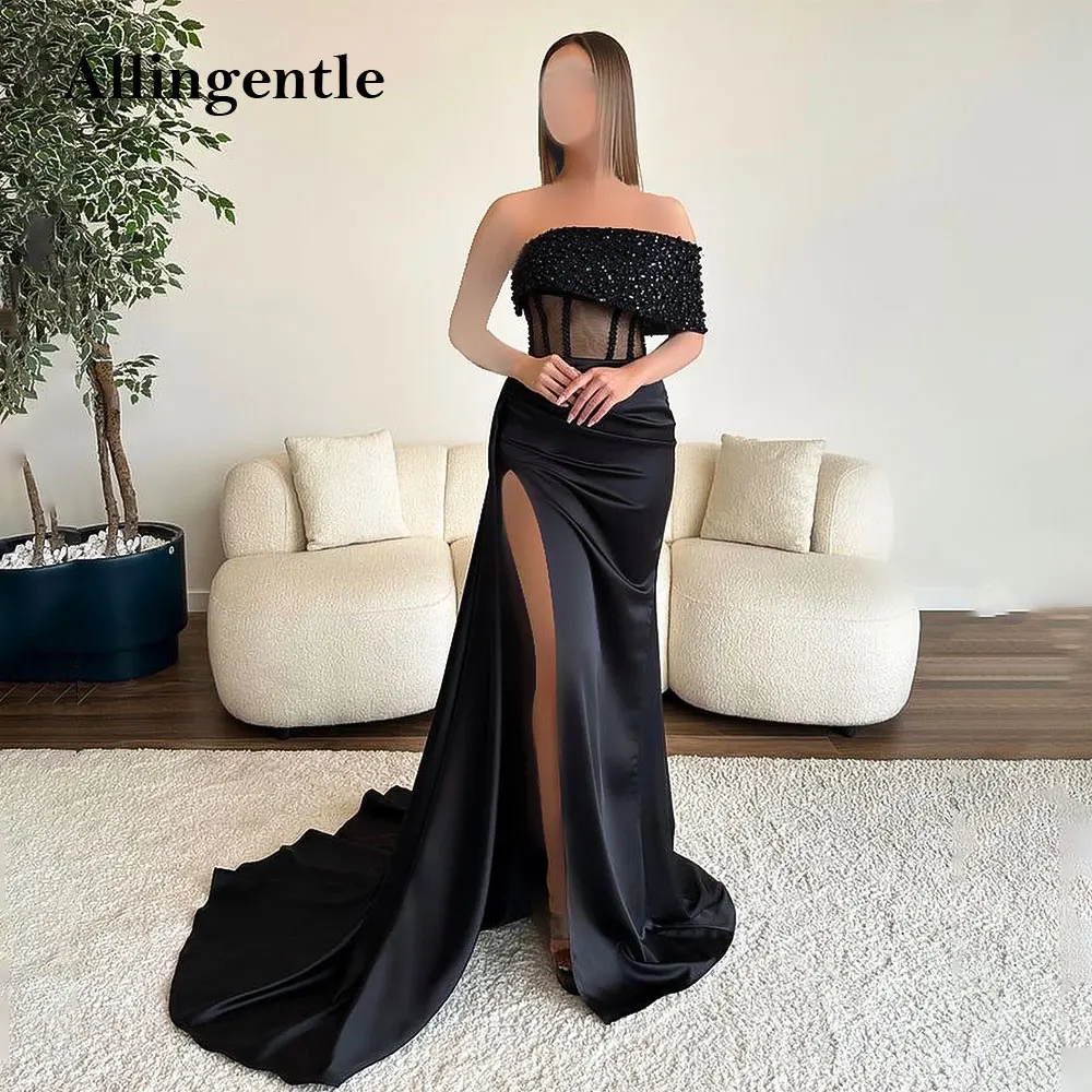 

Luxury Black Mermaid Prom Dresses One Shoulder Sexy Side Split Satin Evening Formal Gown Elegant Wedding Party Dress Customzied
