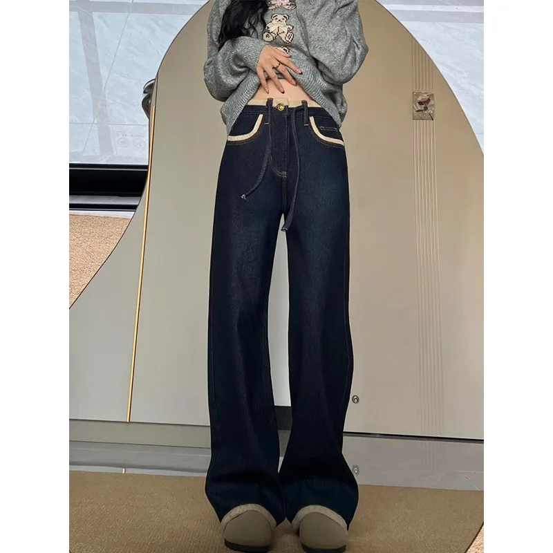 

Темно-синие джинсы American High Street для женщин осенью и зимой с толстым бархатом и свободными прямыми широкими брюками