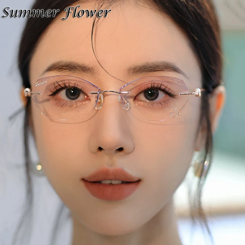 Women Rimless Eyeglasses Elegant Sunglass Luxury Durable Titanium Glasses Clear Transparent Glasses Glitter Edge Gafas