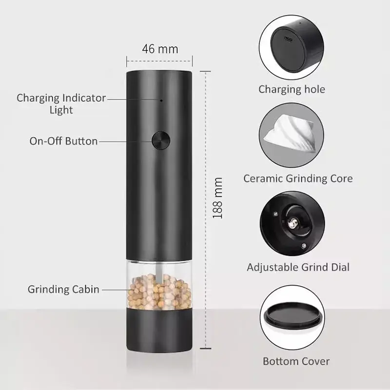 Electric Pepper Grinder Usb Charge Pepper Grinding Household Kitchen Freshly Ground Seasoning Sea Salt Black Pepper Mills Bottle