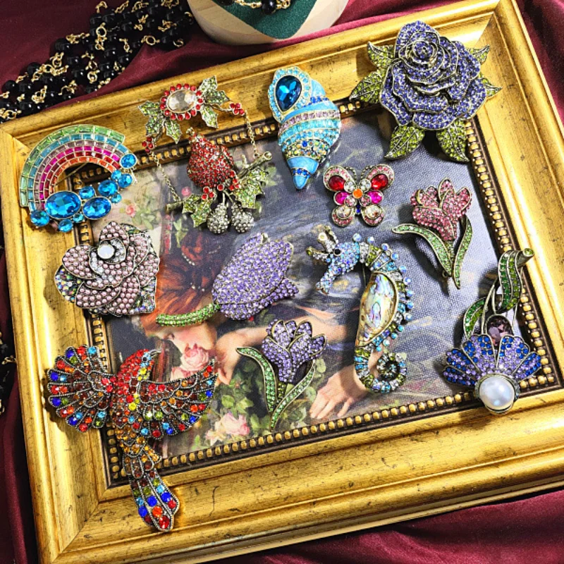 Vintage Medieval Baroque Design Luxury Full Rhinestone  Brooch Pin Tulip Rainbow Flowers Eagle Bird Rose Corsage Gorgeous Gift