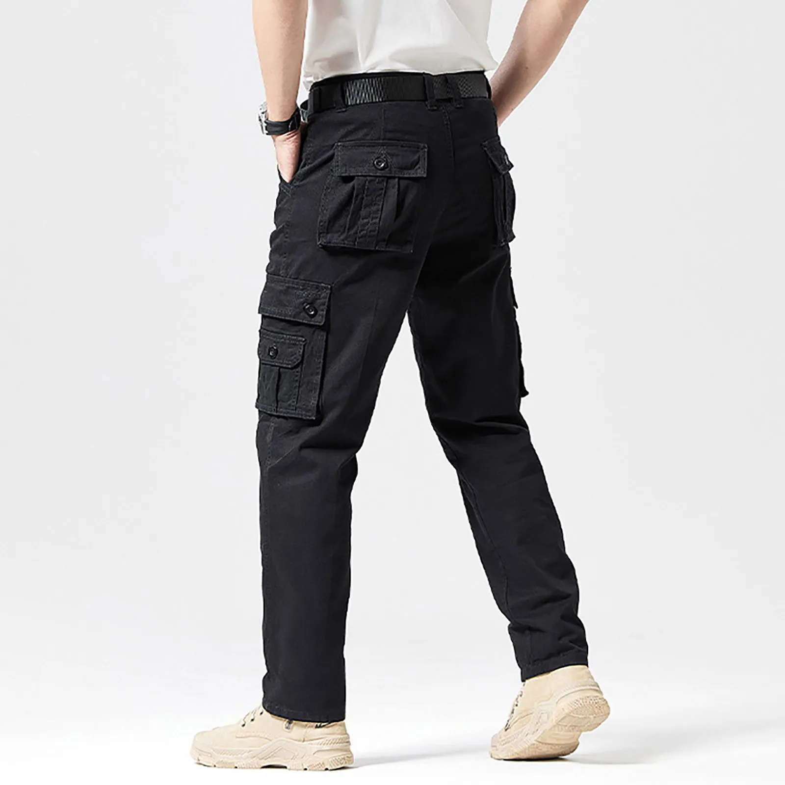 Men'S New Fashion Trend Overalls Multi-Pocket Solid Color Belt Wide Leg Pants Casual All Match Simple Comfortable Long Pants