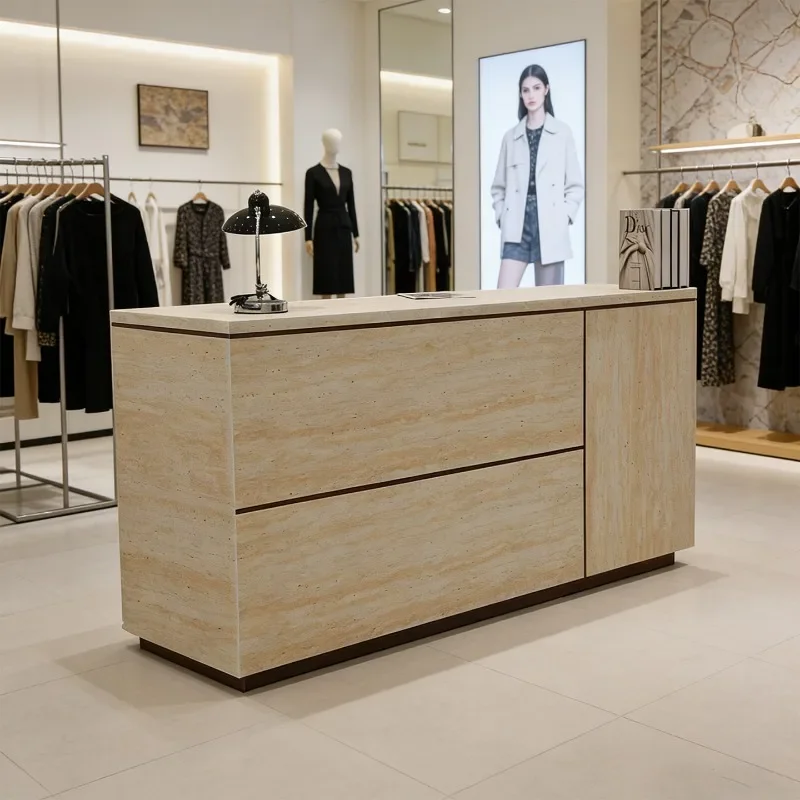 Soft travertine clothing store bar counter buyer store checkout page simple modern children's clothing store front desk integrat