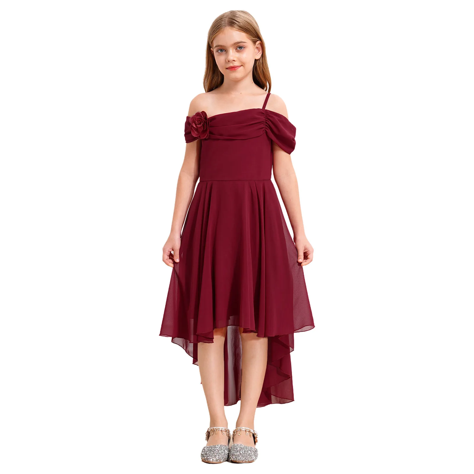 Girls Chiffon Birthday Dress Off-shoulder Ruffled High Waist Irregular Hemline Knee Length Dress with Detachable Fake Flower