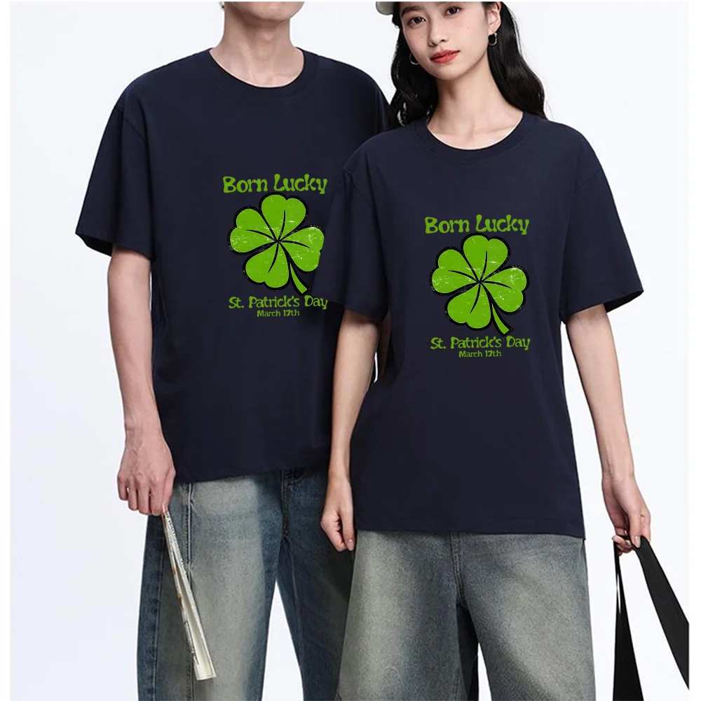 Four Leaf Clover Born Lucky St. Patrick's Day Printed T Shirt Breathable Fabric S-XXL Personalized Custom Casual Short Sleeve Te