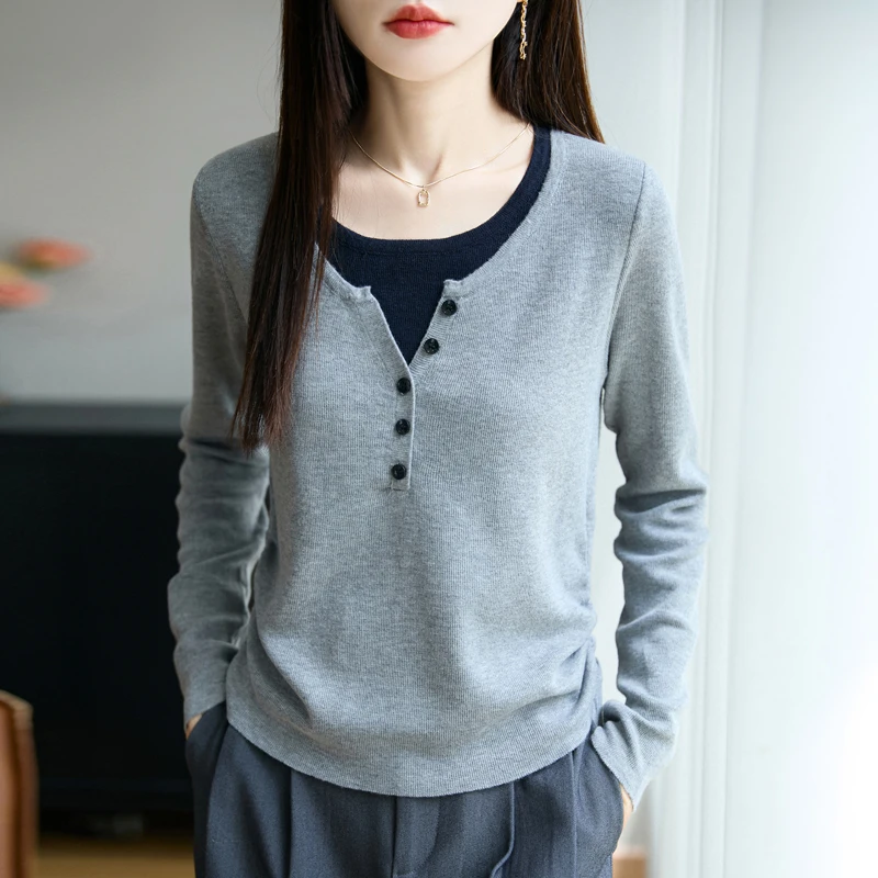 New Women fake two pieces Cashmere Sweater Knitted Hot Selling Soft drawstring Cashmere sweater Women Top