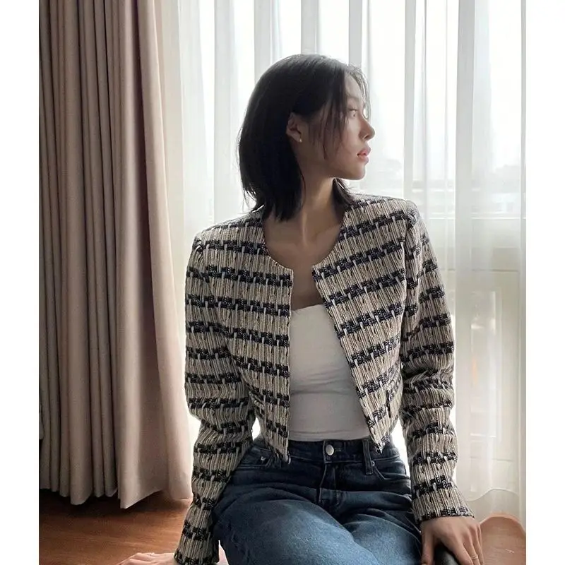 Women Korean Chic Jacket Female Spring Autumn New Color Collision Stripes French Elegant Short Tweed Jacket