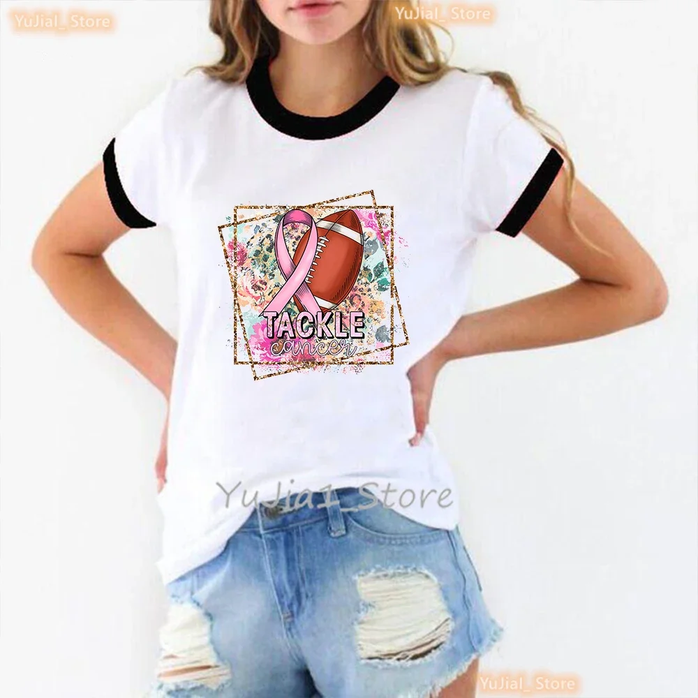 

2024 Hot Sale Tackle Cancer Graphic Print T Shirt Women Funny Cool Leopard Pink Bow Tshirt Femme Summer Fashion T-Shirt Female