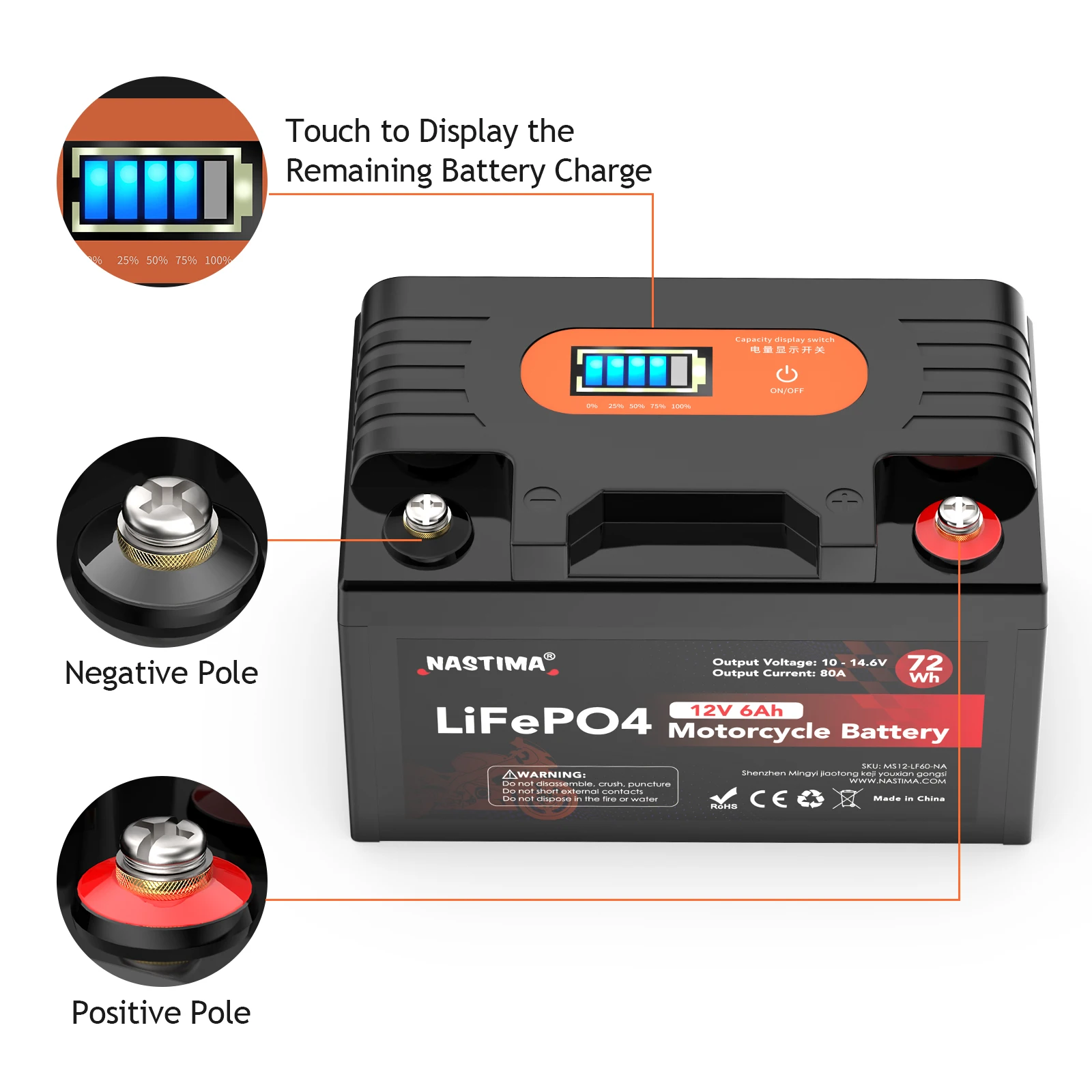 Nastima 12V 6Ah Lifepo4 Battery for Motorcycle YTX7A-BS LiFePO4 Motorcycle Starter Battery for Mopeds, Scooters, Snowmobiles