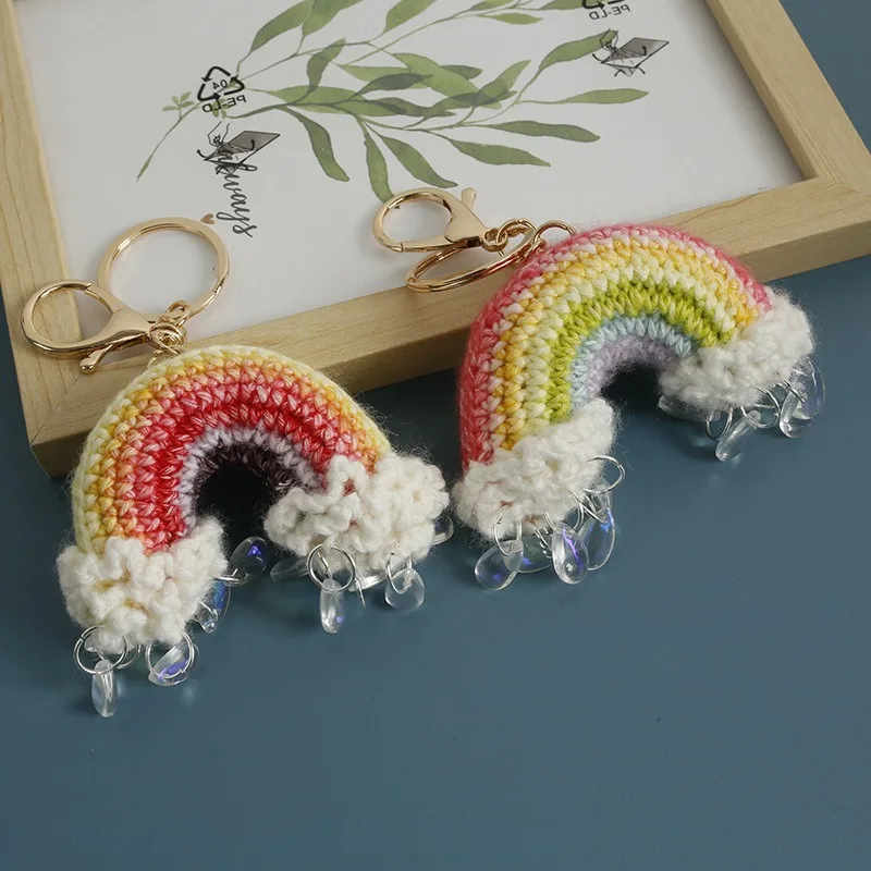 Handmade Charming Crochet Rainbow raindrops Keychain, Cute Handmade Plush Figure for Car and Bag