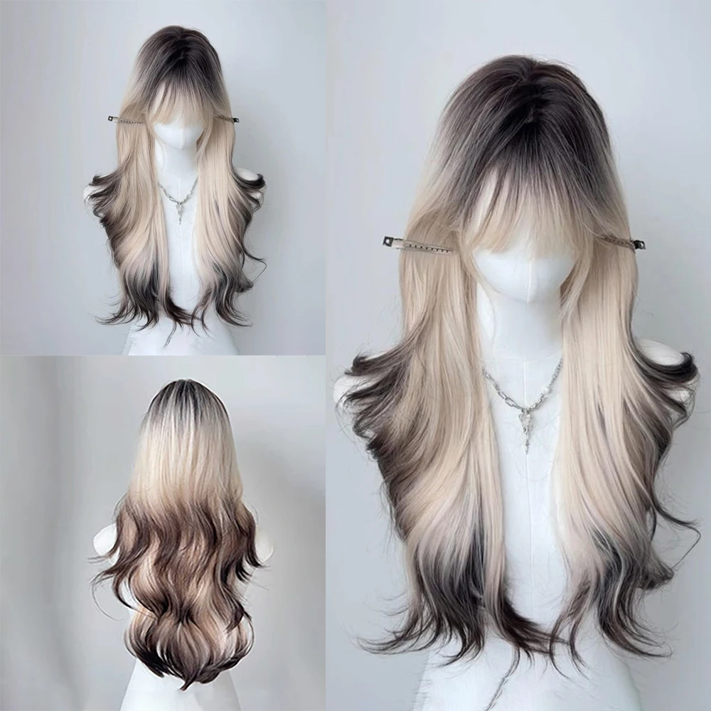 

70 Cm Black Gold Ombre Synthetic Wavy Hair Bangs Are Suitable For Women'S Daily Party Fluffy And Heat-Resistant Lolita Wigs