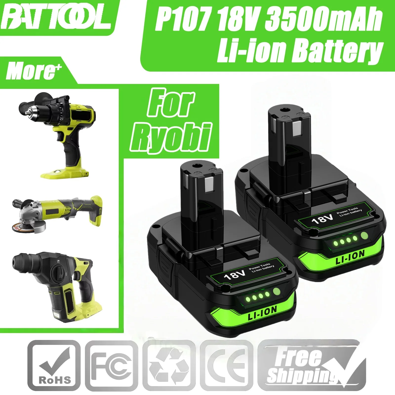 Akumulator BATTOOL 18V 3500mAh do elektronarzędzi Ryobi P107 P102 P103 P104 P105 P108 RB18L50 RB18L20 Akumulator litowo-jonowy do elektronarzędzi