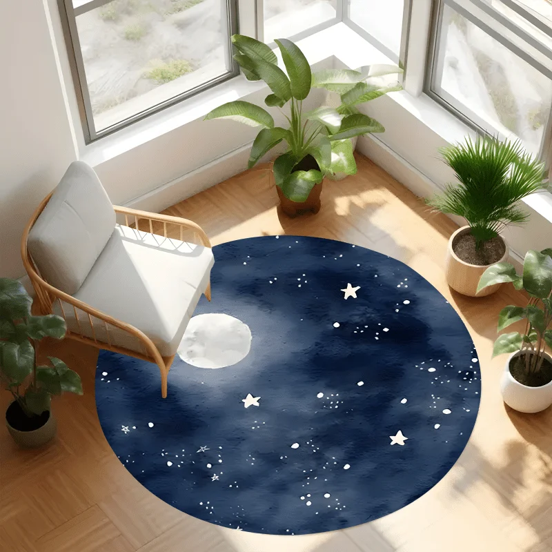 Starry Night Moon Pattern Round Rug Flannel Mat Door Mat Bedroom Living Room Decor